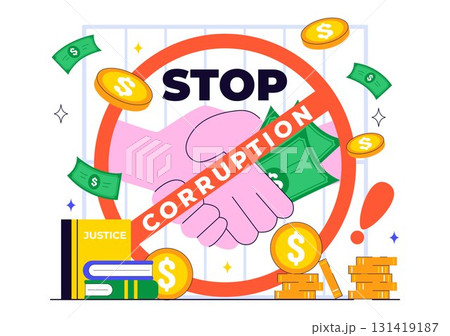 International Anti Corruption Day Illustration Featuring a Stop Giving Money Message with Dollar Coins, Prohibition Sign, and Chains in a Background 131419187