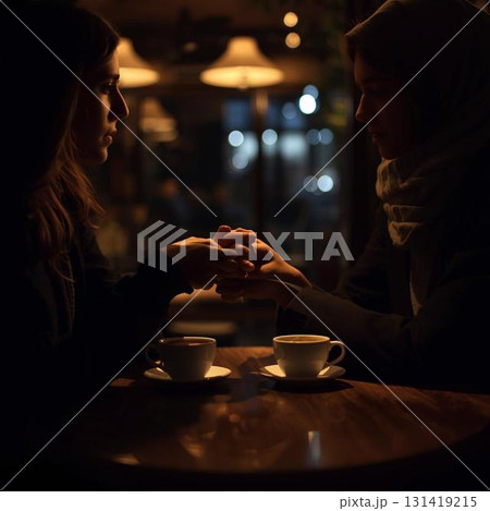 カフェで話す外国人カップル カフェで話す外国人カップル 131419215