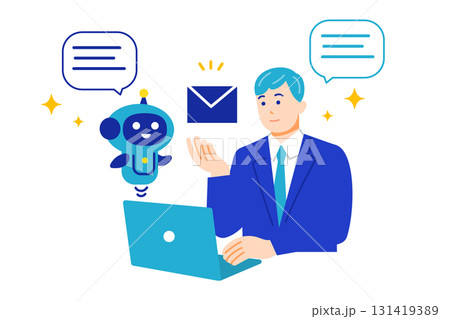 人工知能を使ってメールを作成するビジネスマン。フラットデザイン。 131419389