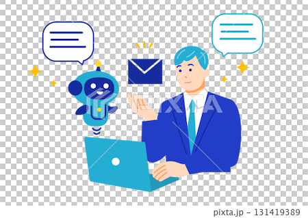 人工知能を使ってメールを作成するビジネスマン。フラットデザイン。 131419389