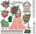 Colorful design set with fantasy cartoon elements of beautiful princess wearing long dress, flowers, garden, castle. Vector doodle illustrations for clipart, stickers, cards isolated on white. Colorful design set with fantasy cartoon elements of beautiful princess wearing long dress, flowers, garden, castle. Vector doodle illustrations for clipart, stickers, cards isolated on white. 131419499