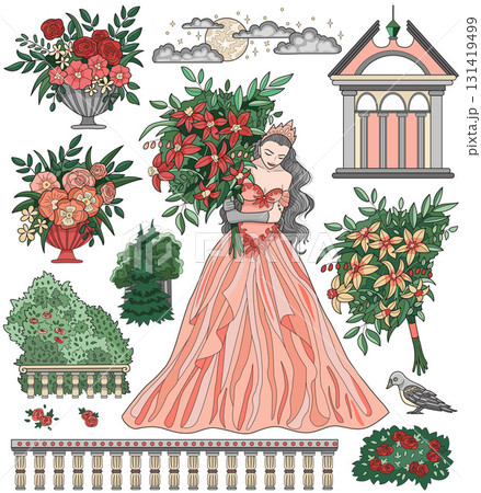 Colorful design set with fantasy cartoon elements of beautiful princess wearing long dress, flowers, garden, castle. Vector doodle illustrations for clipart, stickers, cards isolated on white.  131419499