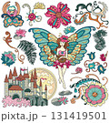 Colorful design set with fantasy cartoon elements of beautiful fairy Elf girl with butterfly wings, castle, flowers. Vector doodle illustrations for clipart, stickers, cards. Colorful design set with fantasy cartoon elements of beautiful fairy Elf girl with butterfly wings, castle, flowers. Vector doodle illustrations for clipart, stickers, cards. 131419501