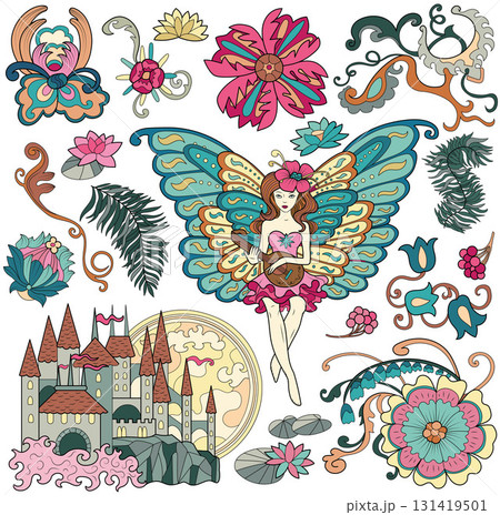 Colorful design set with fantasy cartoon elements of beautiful fairy Elf girl with butterfly wings, castle, flowers. Vector doodle illustrations for clipart, stickers, cards. Colorful design set with fantasy cartoon elements of beautiful fairy Elf girl with butterfly wings, castle, flowers. Vector doodle illustrations for clipart, stickers, cards. 131419501