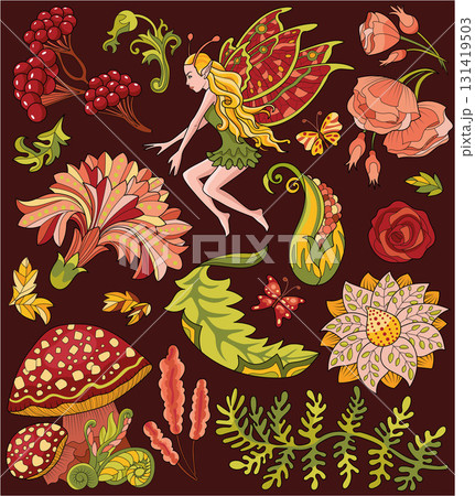 Colorful design set with fantasy cartoon elements of princess fairy girl, mushrooms, flowers, forest plants and herbs. Vector line art doodle illustrations for clipart, stickers, cards.  131419503