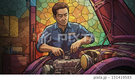ステンドグラスの輝き。エンジンルームを覗き込む優しい表情の整備士 131419583