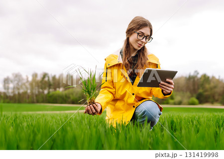 A young farmer woman in a yellow raincoat inspects a healthy plant crop in a green field A young farmer woman in a yellow raincoat inspects a healthy plant crop in a green field 131419998