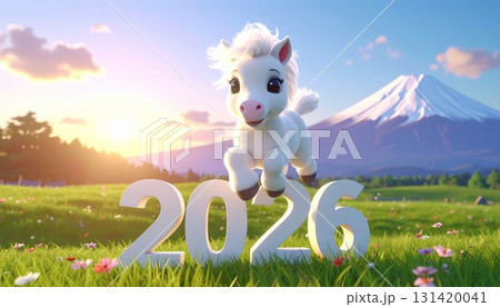 富士山と日の出を背景に2026の文字を飛び越えて草原を駆ける白馬の3Dイラスト 午年の年賀状素材 富士山と日の出を背景に2026の文字を飛び越えて草原を駆ける白馬の3Dイラスト 午年の年賀状素材 131420041