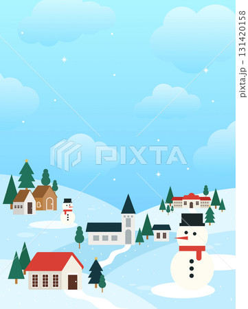 Winter celebration landscape featuring snowman and cozy homes. Vector illustration 131420158
