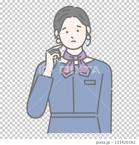 A woman at the reception desk making a thinking gesture 131420162