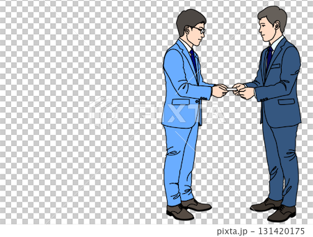 名刺交換する日本人のサラリーマン男性のイラスト 全身横向き 青色 カラー 131420175