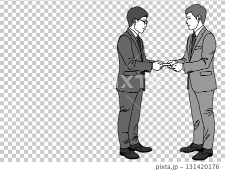 名刺交換する日本人のサラリーマン男性のイラスト 全身横向き モノクロ 131420176