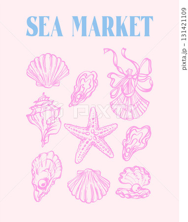 Vintage Coastal Italian print with pink Seashells, Underwater creatures, Starfish. Mediterranean vintage summer card. Retro elements design in la dolce vita style. Sicilia or Amalfi sea market 131421109