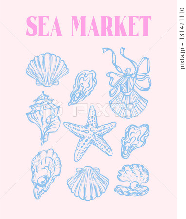 Vintage Coastal Italian print with blue Seashells, Underwater creatures, Starfish. Mediterranean vintage summer card. Retro elements design in la dolce vita style. Sicilia or Amalfi sea market Vintage Coastal Italian print with blue Seashells, Underwater creatures, Starfish. Mediterranean vintage summer card. Retro elements design in la dolce vita style. Sicilia or Amalfi sea market 131421110