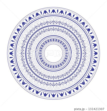 Vintage, ethnic vector frame with arabesques (EPS). Beautiful round frame arabesques. Blue white plate with floral design. Pattern frame for round surfaces, household utensils, textiles, embroidery 131421307