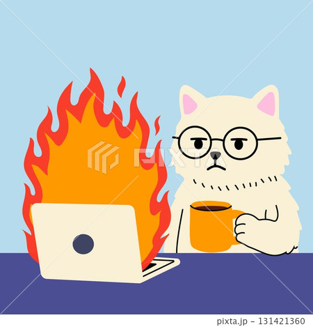 Cartoon cat calmly holding coffee while watching laptop on fire 131421360