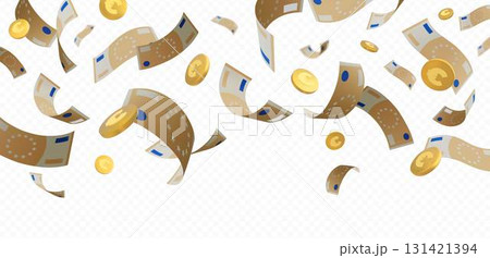 Euro banknote and golden coins falling down vector background, paper bills fly, money cash, European currency explosion 131421394