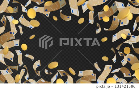 Euro banknote and golden coins fall vector frame, paper bills fly, realistic money cash, European currency explosion 131421396