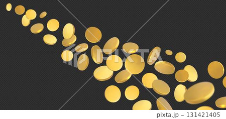 Cash flow of flying blank golden coins, transparent black background. 131421405