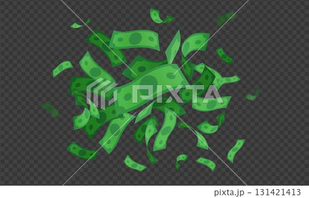 Flow of flying paper bills, green dollar money, cash, transparent black background. Flow of flying paper bills, green dollar money, cash, transparent black background. 131421413