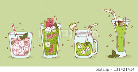 Guava drink smoothie with lots ice cubes. Summer Fruit Exotic Pink and green Cocktail with tropical Fruit slices, straw and Mint leaves. Isolated Vector Illustration for ads, marketing, menu, design Guava drink smoothie with lots ice cubes. Summer Fruit Exotic Pink and green Cocktail with tropical Fruit slices, straw and Mint leaves. Isolated Vector Illustration for ads, marketing, menu, design 131421414