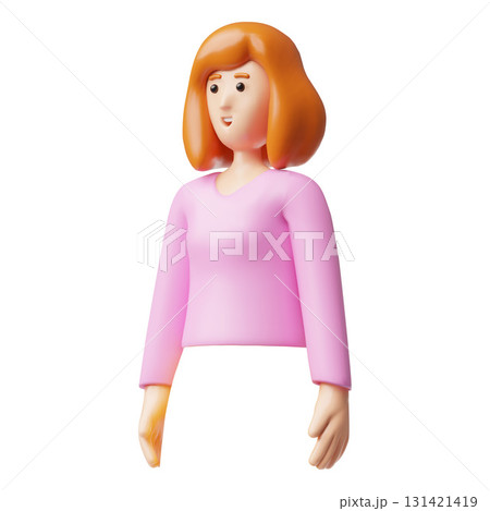 Beautiful woman with red hair 3d plastic style, vector cartoon standing lady character wear pink blouse half body Beautiful woman with red hair 3d plastic style, vector cartoon standing lady character wear pink blouse half body 131421419