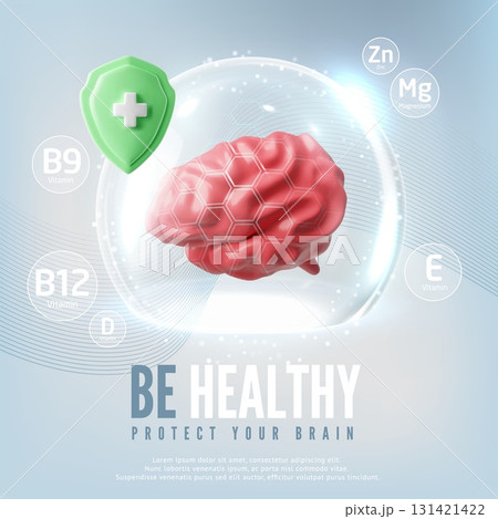 3D brain with protective, shining dome, with hexagonal pattern, vitamin icons and green shield. 3D brain with protective, shining dome, with hexagonal pattern, vitamin icons and green shield. 131421422
