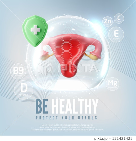 Be healthy protect your uterus 3D vector poster, female reproductive system in protective dome with shield and cross 131421423