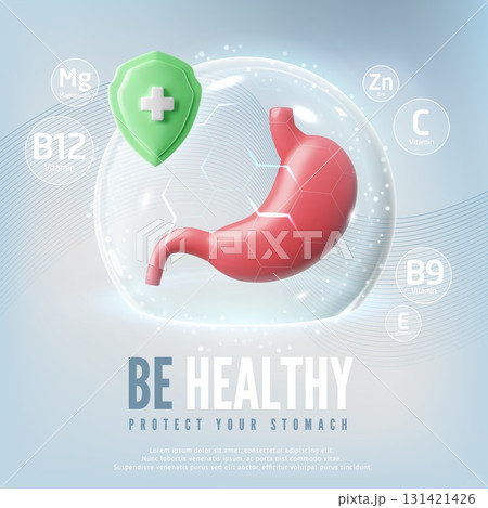 3D educational poster of stomach with protective dome, vitamin icons and green shield. 3D educational poster of stomach with protective dome, vitamin icons and green shield. 131421426