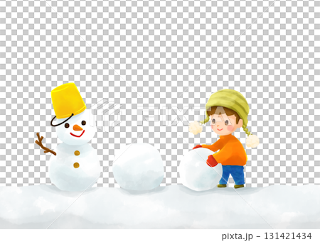 Watercolor painting of kids making a snowman Watercolor painting of kids making a snowman 131421434