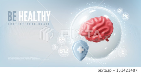3D realistic model of human brain, vector render pink cerebrum isolated, volume intellect organ, Anatomy science concept 131421487