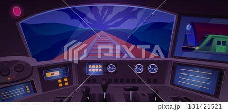 High speed metro train inside view from a cabin, control dashboard, vector flat subway railway transport driver interior High speed metro train inside view from a cabin, control dashboard, vector flat subway railway transport driver interior 131421521
