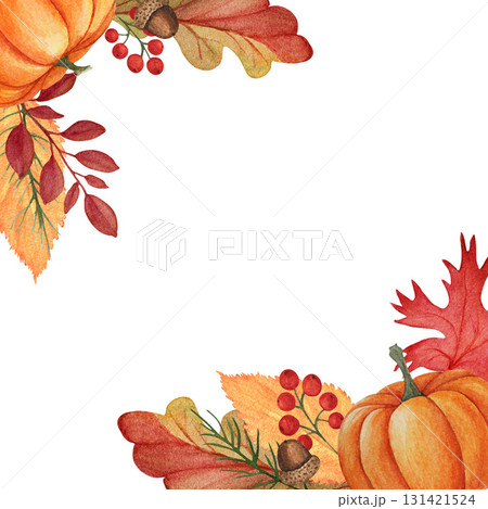 Watercolor colorful decorative square frame with autumn leaves, pumpkins, acorns and Christmas tree branches isolated on white background. Perfect for Thanksgiving and Halloween card template with 131421524