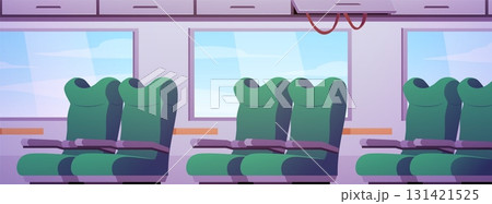 Train interior with green seats and windows, passenger transport railway cabin with chairs vector flat illustration 131421525