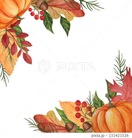 Watercolor colorful decorative square frame with autumn leaves, pumpkins, acorns and Christmas tree branches isolated on white background. Perfect for Thanksgiving and Halloween card template with 131421526