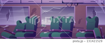 Destroyed and abandoned train interior with broken seats and windows vector illustration, damage passenger railway cabin 131421529