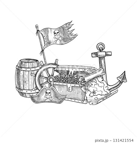 Treasure Island. Black and white graphics, hand-drawn vector illustrations. Medieval sea voyage. Pirate theme. For children s games and celebrations. For stickers, posters, banners, and more. 131421554