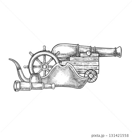 Medieval sea voyage. Black and white graphics, vector illustration. Hand-drawn. An old cannon and a ship s wheel, a tricorn hat, and a spyglass. For decorating children s games and celebrations. 131421558