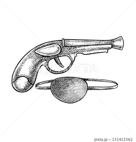 Pirate. Gun and eyepatch. Black and white graphics, vector illustration. Hand-drawn. For decorating children s games and holidays. For stickers, invitation cards, posters and banners, packaging. 131421562