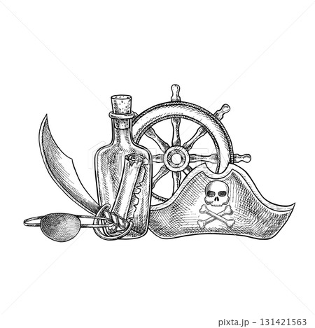 Pirate theme. Three-cornered hat, rudder, and scroll in a bottle. Black and white graphics, hand-drawn vector illustrations. For children s games and celebrations. For stickers, posters, banner. Pirate theme. Three-cornered hat, rudder, and scroll in a bottle. Black and white graphics, hand-drawn vector illustrations. For children s games and celebrations. For stickers, posters, banner. 131421563