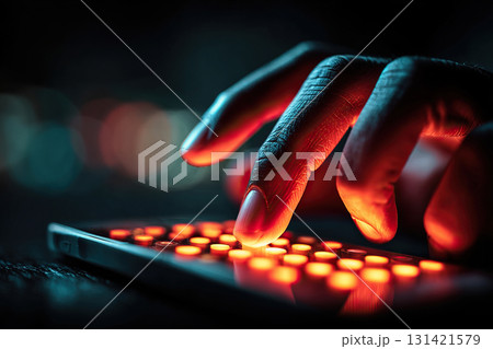 Hands typing on a backlit mobile phone in complete darkness. Cybercrime. Protecting yourself from online scammers. 131421579