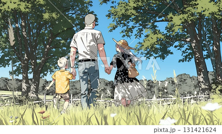 仲の良い家族：父親、母親、その子どもが仲良く連れ立って歩いている