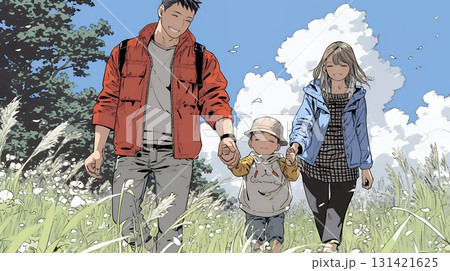 仲の良い家族：父親、母親、その子どもが仲良く連れ立って歩いている