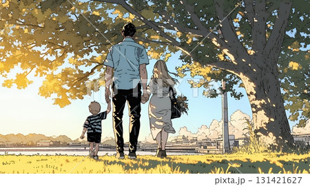 仲の良い家族：父親、母親、その子どもが仲良く連れ立って歩いている