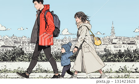 仲の良い家族：父親、母親、その子どもが仲良く連れ立って歩いている