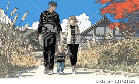 仲の良い家族：父親、母親、その子どもが仲良く連れ立って歩いている