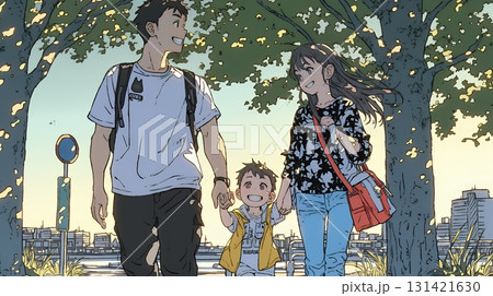 仲の良い家族：父親、母親、その子どもが仲良く連れ立って歩いている