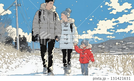 仲の良い家族：父親、母親、その子どもが仲良く連れ立って歩いている