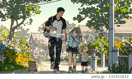 仲の良い家族：父親、母親、その子どもが仲良く連れ立って歩いている