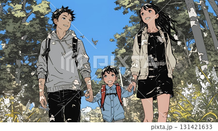 仲の良い家族：父親、母親、その子どもが仲良く連れ立って歩いている